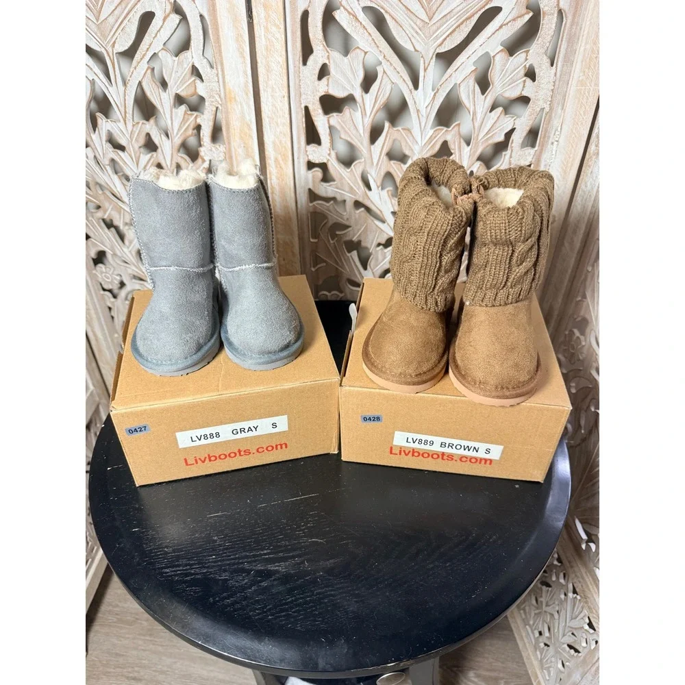 Livboots Kids Winter Boots Grey Brown Faux Shearling Cable Knit  S